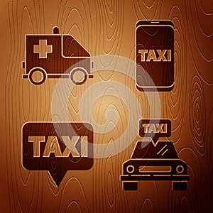 Set Taxi car, Ambulance and emergency car, Map pointer with taxi and Taxi call telephone service on wooden background
