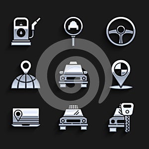 Set Taxi car, Car rental, Map pointer with taxi, Laptop location marker, Location the globe, Steering wheel and Petrol