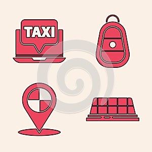 Set Taxi car roof, Laptop call taxi service, Car key with remote and Map pointer with taxi icon. Vector