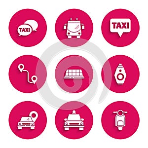 Set Taxi car roof, Scooter, Car key with remote, Map pointer taxi, Route location, and call telephone service icon