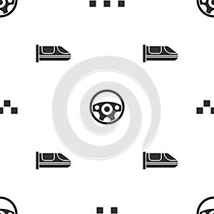 Set Taxi car roof, Steering wheel and High-speed train on seamless pattern. Vector