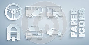 Set Taxi car, Rv Camping trailer, Rafting boat, Car, Bus and Steering wheel icon. Vector