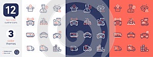 Set of Taxi, Send box and Boxes pallet line icons. For design. Vector