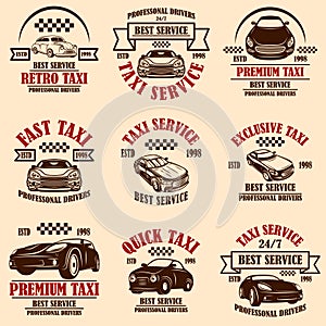 Set of taxi service emblems. Design element for poster, card, banner, logo, label.