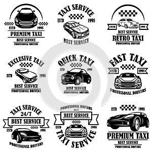 Set of taxi service emblems. Design element for poster, card, banner, logo, label.