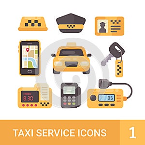 Set of taxi service flat icons. Car, taximeter, radio, mobile app