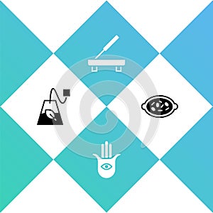 Set Tea bag, Hamsa hand, Scented spa stick and Kheer in bowl icon. Vector