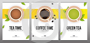 Set of Tea and Coffee time banners on white and yellow backgrounds with tea leaves.