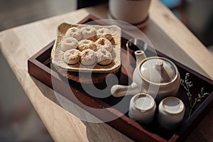 A set of tea and Roasted Mitarashi Dango with the sweet sauce, one of the most popular Japanese street food