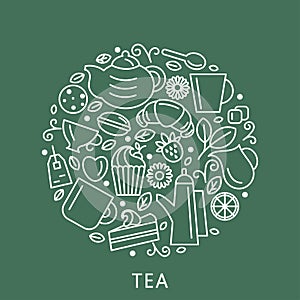 Set of tea theme. Line art draw icons in the circle.