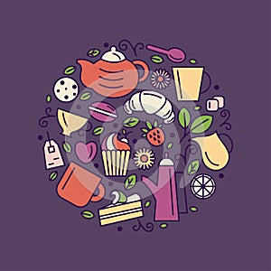 Set of tea theme. Line art draw icons in the circle.