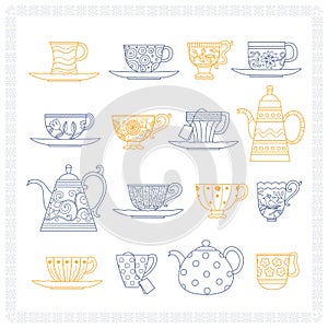 Set of teacups and teapots