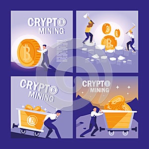 Set of teamworkers crypto mining bitcoins
