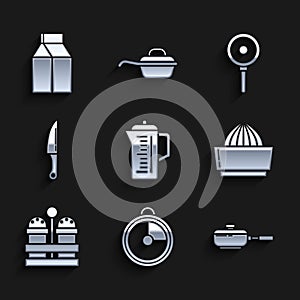 Set Teapot, Kitchen timer, Frying pan, Citrus fruit juicer, Salt and pepper, Knife, and Paper package for milk icon