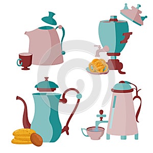 Set of teapots and samovars. Cookies, pretzels. A mug of tea.