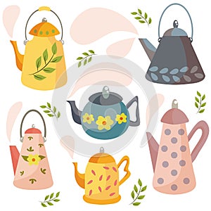 A set of teapots. Scandinavian style. Flower-decorated teapots. Vector illustration for a postcard. Spring time. Cute ceramic and