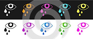 Set Tear cry eye icon isolated on black and white background. Vector