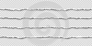 Set of tear seamless paper stripes. Paper texture with damaged edge. Vector illustration isolated on transparent background