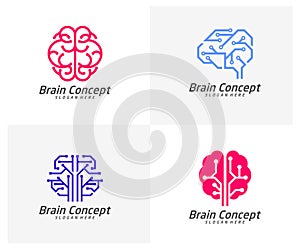 Set of Tech Brain Logo design vector template. Think idea concept. Brainstorm power thinking brain icon Logo