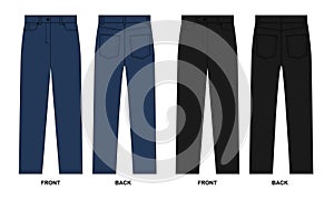 Set of technical drawings of straight jeans in black and blue colors, with pockets, front and back view, vector.