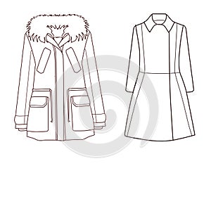 Set of technical and Industrial Flat fashion template - Coat - Leather Jacket - Biker