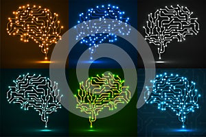 Set of technological neon brain. Circuit board