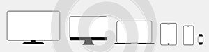 Set technology devices icon: tv, computer, laptop, tablet, smartphone. watch icons. White display screen. Outline mockup
