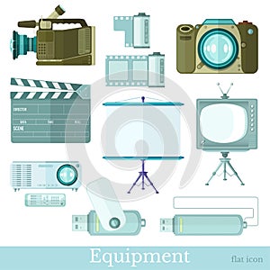 Set of technology flat icons on white. camera, television, flash drive, screen, video camera, photo camera, movie clapperboard and