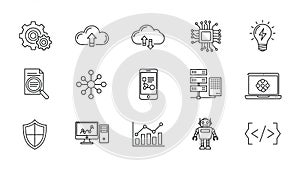 Set of technology icons for cloud computing, data analysis, and cybersecurity