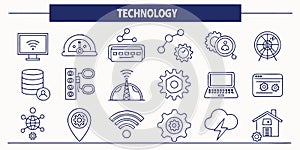 Vector art of collection of technology icons representing various digital concepts isolated on white background