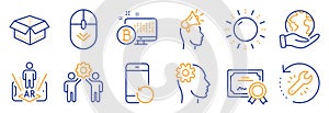 Set of Technology icons, such as Employees teamwork, Engineering, Bitcoin system. Vector