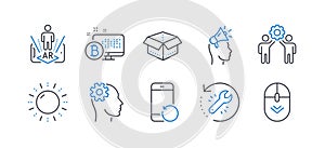 Set of Technology icons, such as Employees teamwork, Engineering, Bitcoin system. Vector