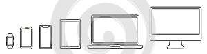 Set technology line devices icon: computer, laptop, tablet, smartphone, watch icons. Outline mockup electronics devices monitor