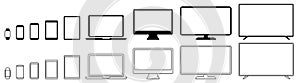 Set technology line devices icon: TV monitor, computer, laptop, tablet, smartphone, watch icons. Outline mockup electronics