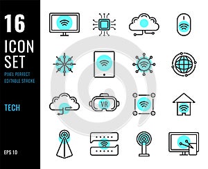 Set of technology line icons electronics related