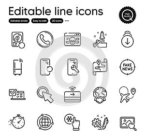 Set of Technology outline icons. Contains icons as Online survey, Cyber attack and Fake news elements. Vector