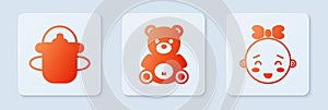 Set Teddy bear plush toy, Baby bottle and Happy little girl head. White square button. Vector