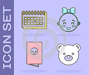 Set Teddy bear plush toy, Calendar, Baby shower invitations card, poster and Happy little girl head icon. Vector.