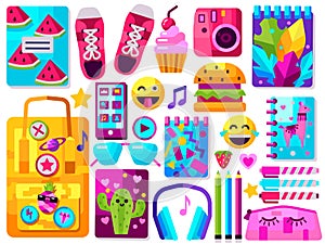 Set of teenager stuff. Cute vector icons