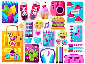 Set of teenager stuff. Cute vector icons