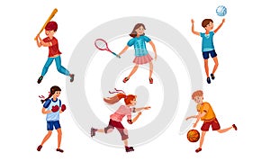 Set of teenagers doing various kinds of sports activities. Vector illustration in flat cartoon style