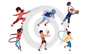 Set of teenagers doing various kinds of sports activities. Vector illustration in flat cartoon style