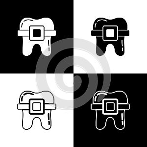 Set Teeth with braces icon isolated on black and white background. Alignment of bite of teeth, dental row with with