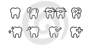 Set of teeth icons. Dental care, prevention check up, stomatology services, dental, toothache, braces, oral clean