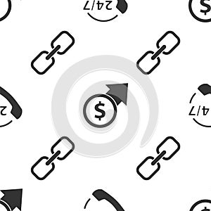 Set Telephone 24 hours support, Financial growth and coin and Chain link on seamless pattern. Vector