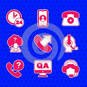 Set Telephone 24 hours support, Question and Answer, Woman with headset, Man, Head question mark, and Clock icon. Vector