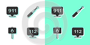 Set Telephone call 112, 911, Protest and Telescopic baton icon. Vector