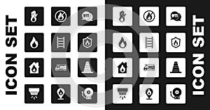 Set Telephone call 911, Fire escape, flame, No fire, protection shield, Traffic cone and in burning house icon. Vector