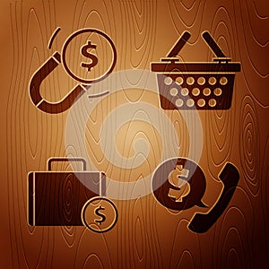 Set Telephone handset and speech bubble chat, Magnet with money, Briefcase and money and Shopping basket on wooden