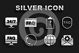 Set Telephone 24 hours support, Shield with text FAQ, Envelope setting, Computer monitor and, Clipboard question marks